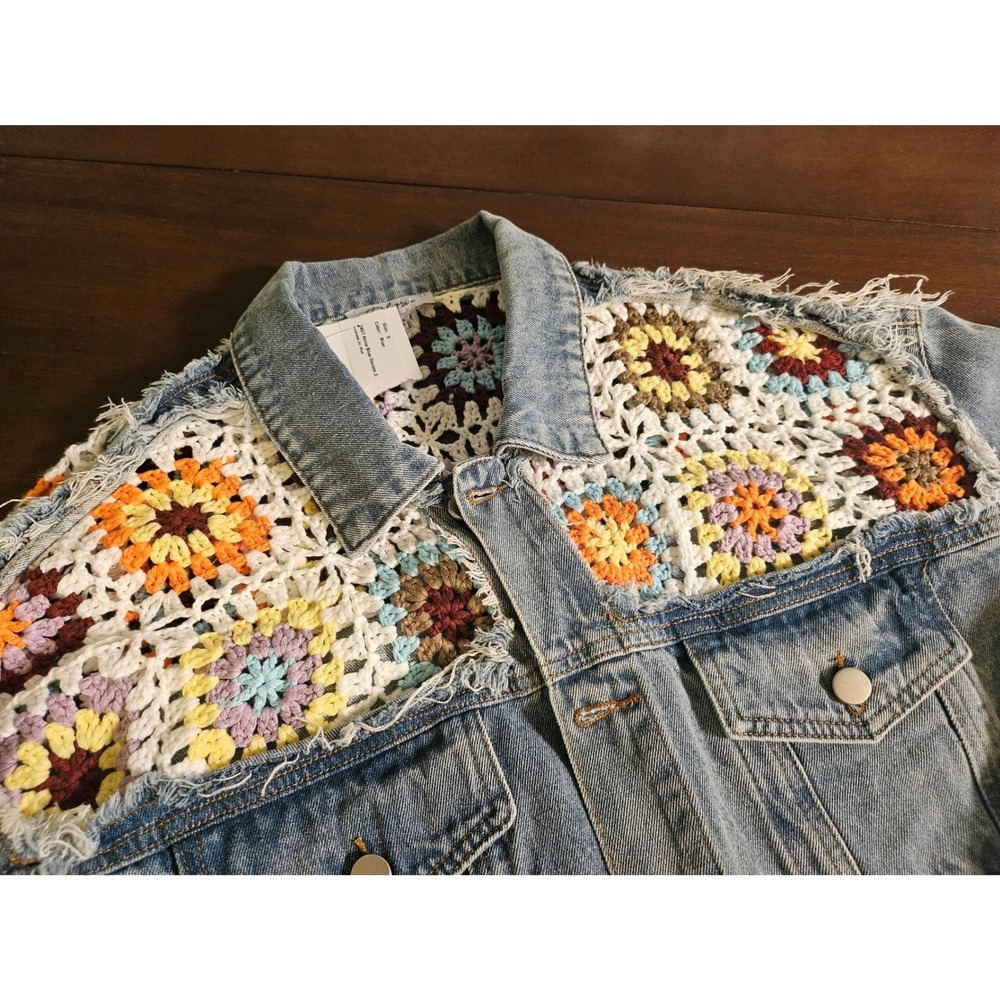 Granny Square Distressed Denim Jean Jacket Womens Small Blue CrochetAnna